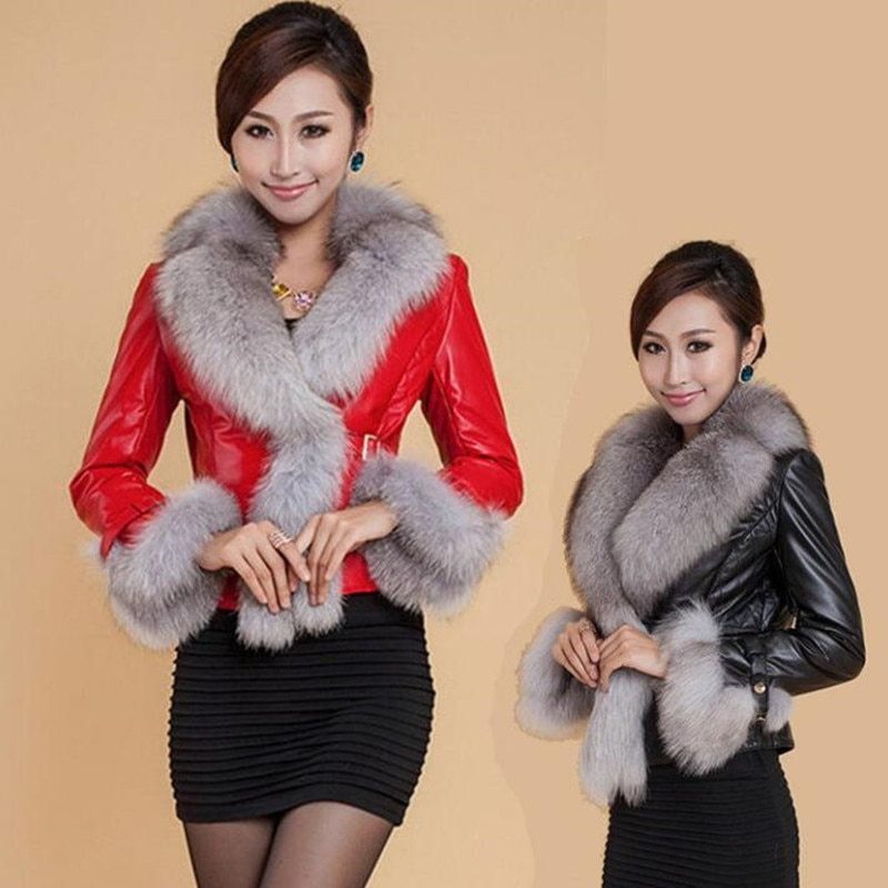 Best-selling Autumn  Winter Jacket Woman Fur Coat Fashion  Fox Fur Collar Women Coat Slim Short PU Leather Coat