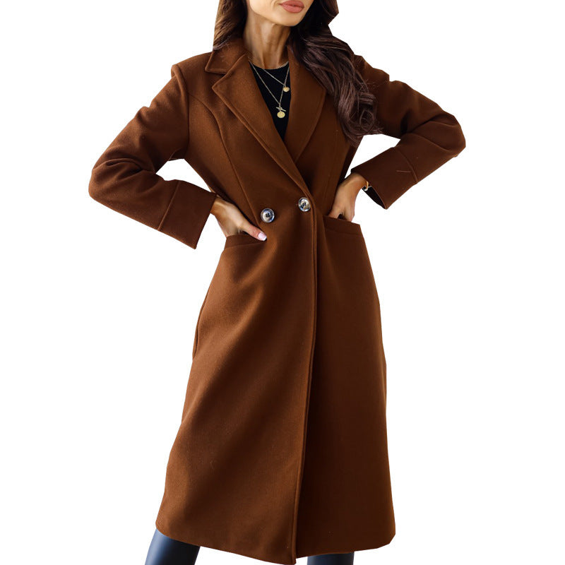 Women's Simple Double Breasted Long Sleeve Turn-down Collar Coat