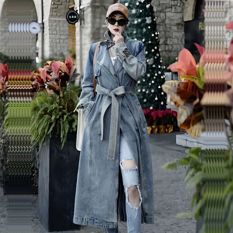 Personality Retro Long Denim Trench Coat