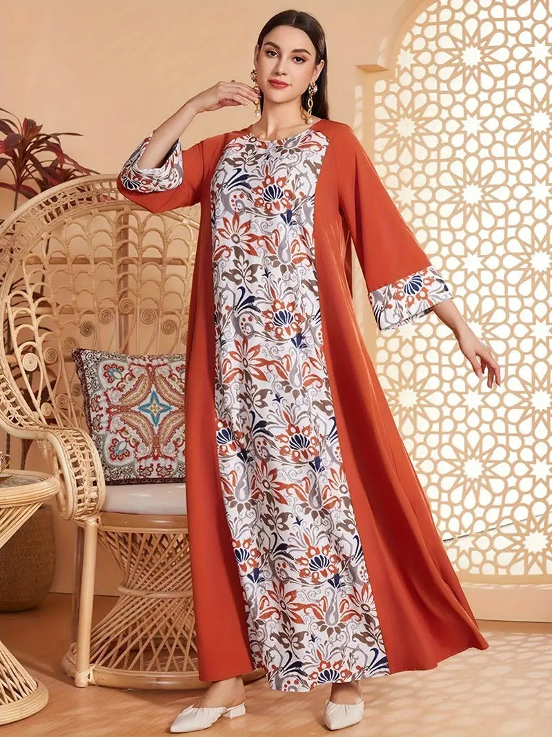 Elegant Floral Print Long Sleeved Abaya Robe Dress