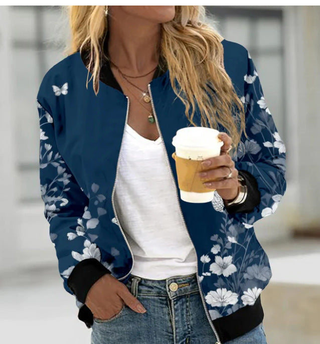 Women Autumn And Winter Long Sleeve Zipper Printed Jacket