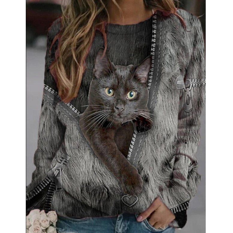 Zip Up Cartoon Cat Print Casual O-Neck Long Sleeve T-Shirt