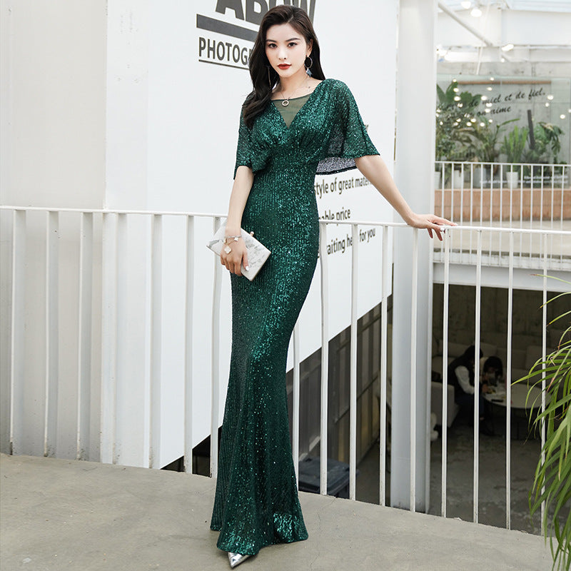 Dark green evening dress female annual party temperament