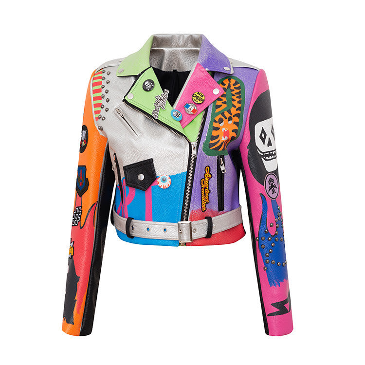 Graffiti Printed Motorcycle Leather Women