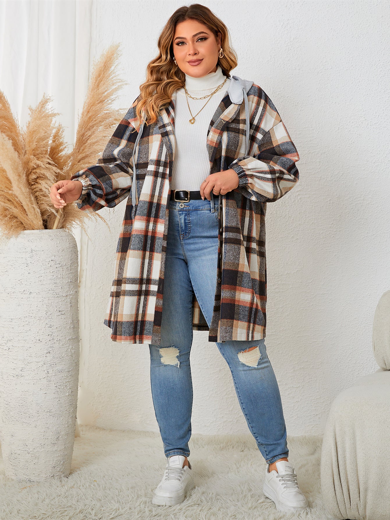 Women Autumn Winter Plus-sized Plaid Hooded Mid-length Coat