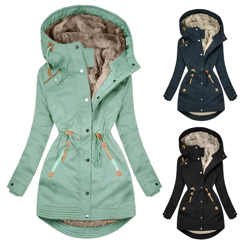 Women Warm Fur Collar Long-sleeve Zipper Slim Jacket