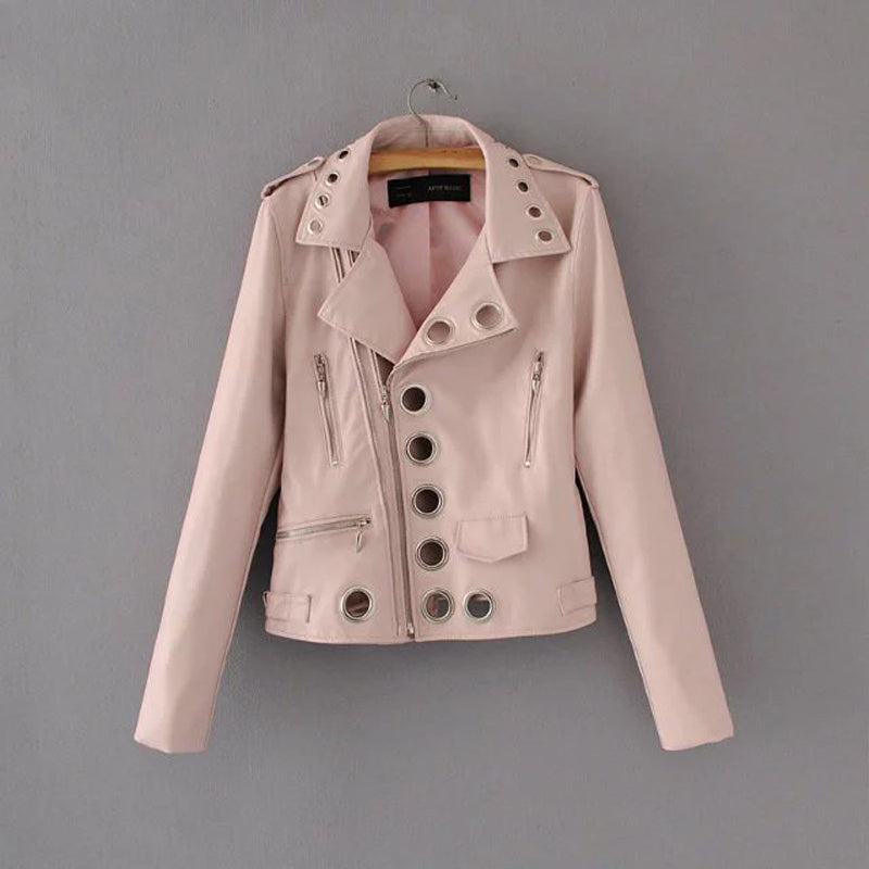 Ladies Fashion Hollow Pu Leather Jacket