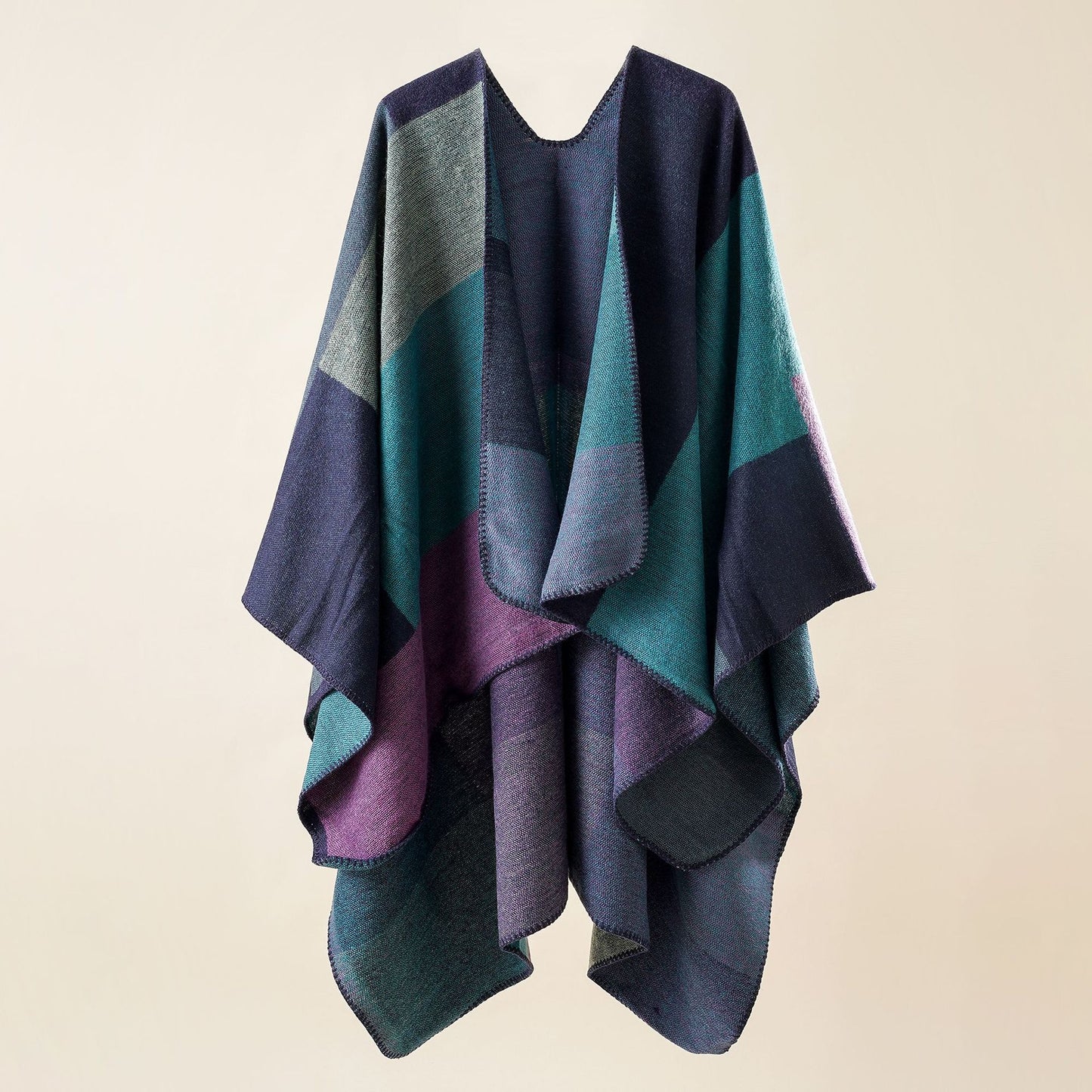 Double-sided Color Matching Plaid Cashmere-like Shawl Outer Match Cape Coat