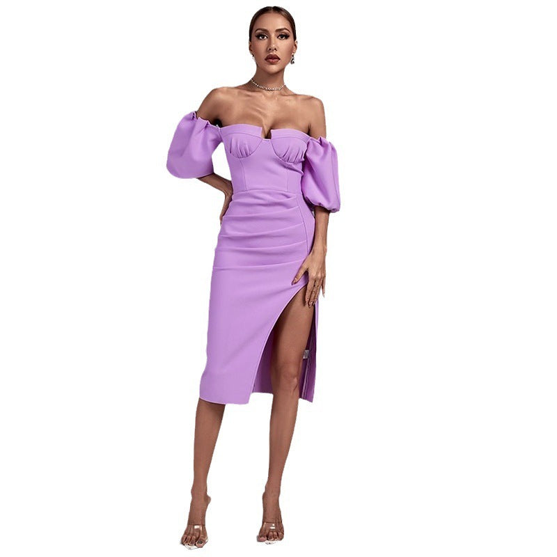 Women's Solid Color Lantern Sleeve Bandage Dress