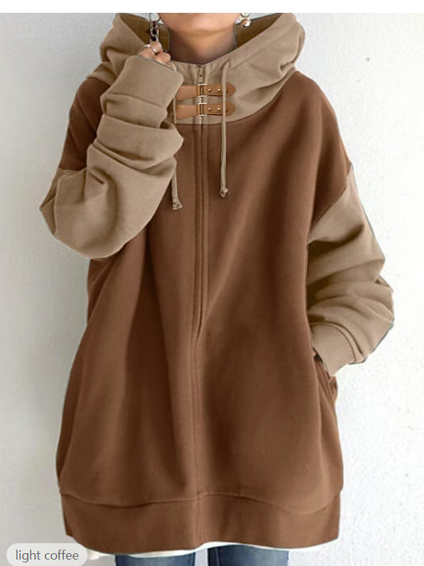 Women Patchwork Color Loose Hooded Long-sleeve Zipper Sweater