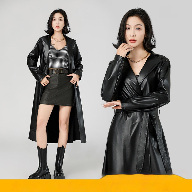 Extra Long Bathrobe Leather Wind Coat Women's Leather Jacket