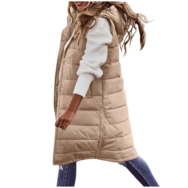 Women's Solid Color Sleeveless Down Jacket Long Winter Coat