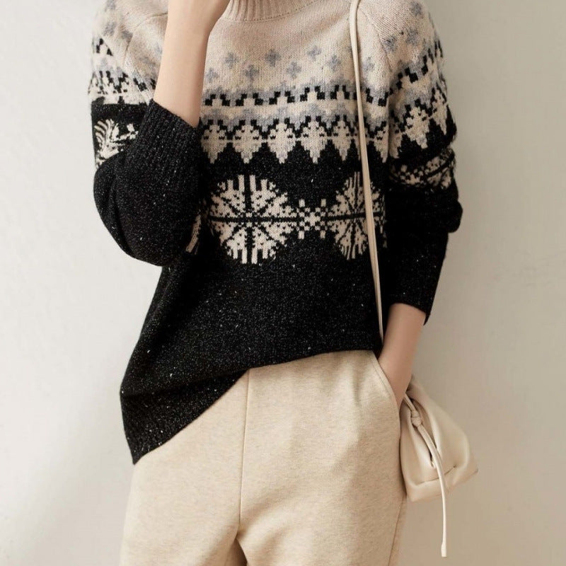 Autumn And Winter Spring New Half Turtleneck Knitted Snowflake Retro Loose Sweater