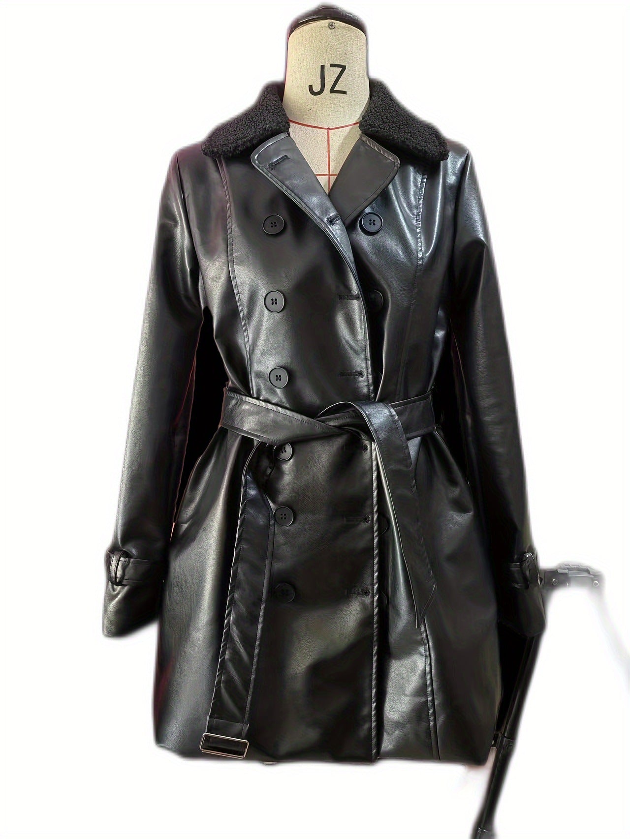 British Women's Fur Collar Leather Coat Mid-length