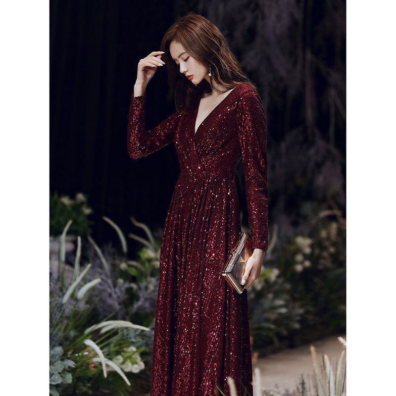 Wine Red Temperament Host Dress Annual Meeting Long