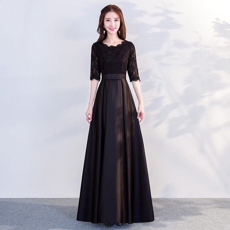 The End Elegant Long Sleeve Thin Company Annual Meeting Black Dress Dress Long Section