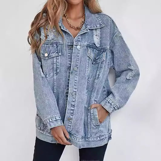 Women Denim Jacket Boyfriend-style Ripped Distressed