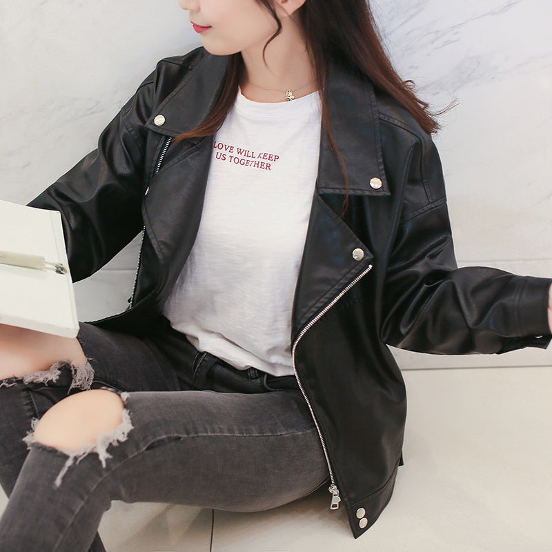 European And American Slim Student Locomotive Loose Boyfriend Style Leather Jacket