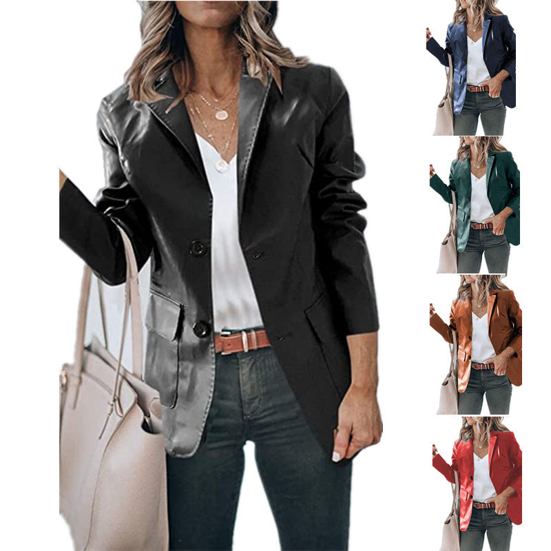 Elegant Slim-fit Lapel Single Breasted Solid Color PU Leather Long-sleeved Top