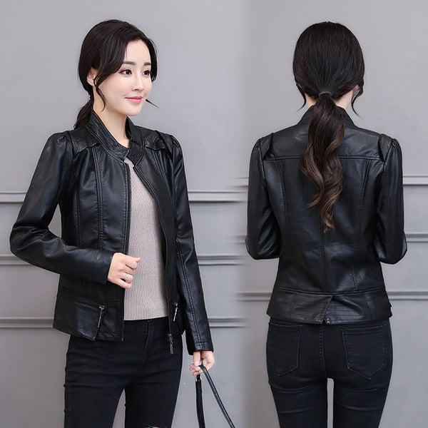 New Spring And Autumn Korean Style Motorcycle Stand-up Collar Slim Fit Slimming Leather Coat