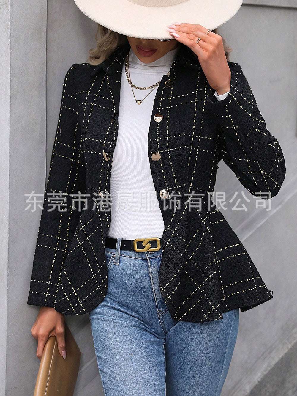 Women's Lapel Ruffled Slim Double-breasted Blazer