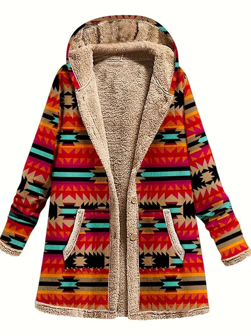 Women Cotton And Linen Printed Hoodie Warm Plush Coat