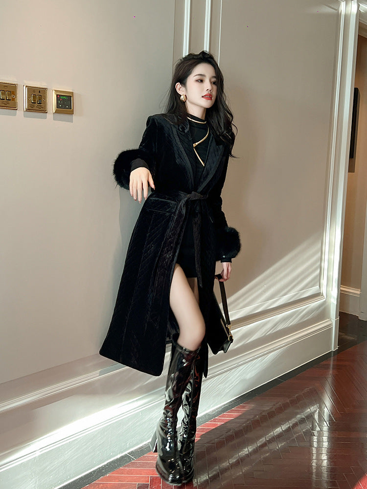 Women Black Velvet Mid-length Coat