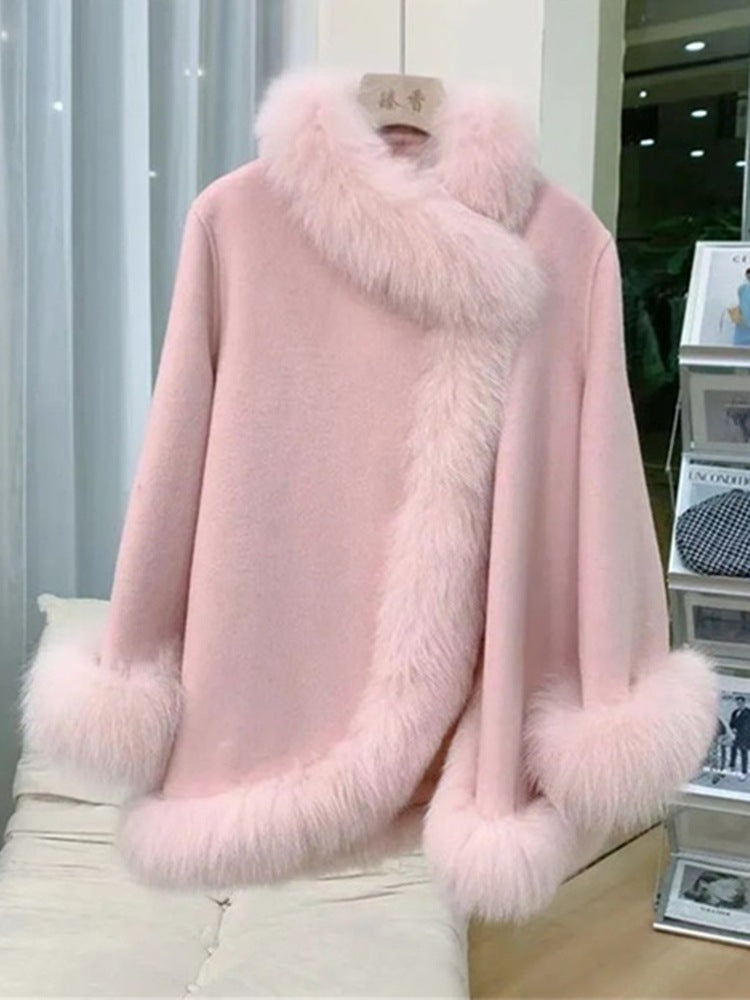 Artificial Fur Mid-length Coat Women's Woolen Cloak