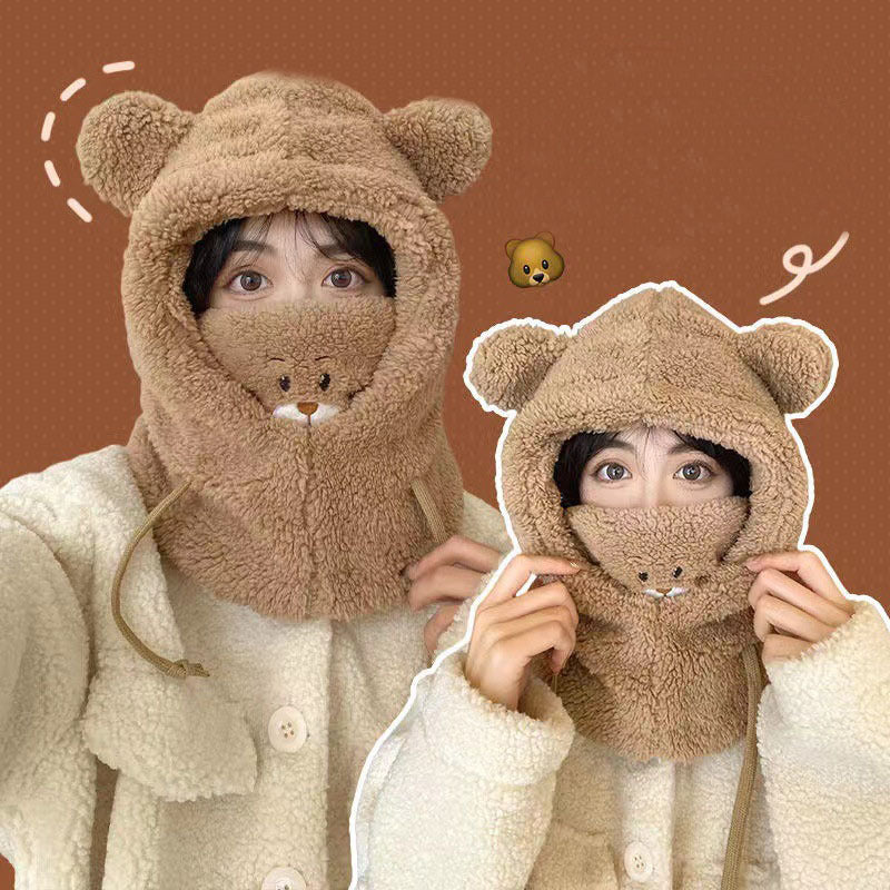 Cute Bear Plush Hat Winter Warm Thickened Scarf With Mask Anf Drawstring Design