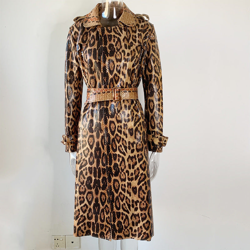 Women Loose Leather Pattern Brown Long Trench Coat