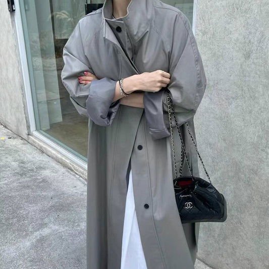 Autumn New Temperament Leisure Design Sense All-matching Long Stand-up Collar Tie Trench Coat