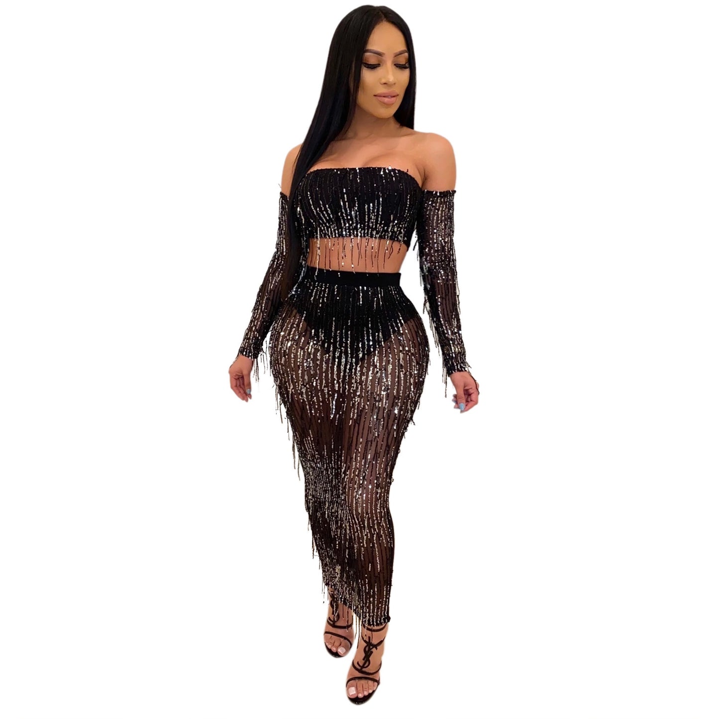 Fashion Sexy See-through Mesh Sequins Tassel Two-piece Set