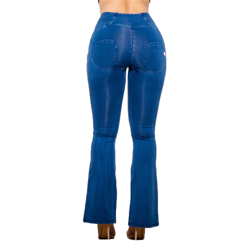 Women's High Waist Flared Dark Blue Stretch Jeans