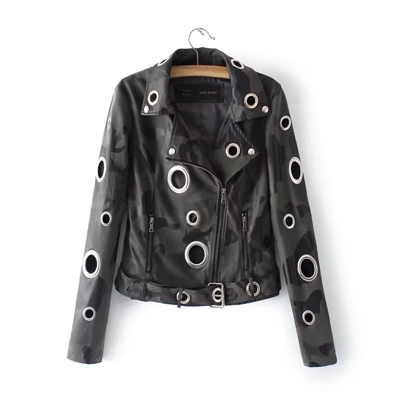 Hollow loop leather motorcycle biker jacket