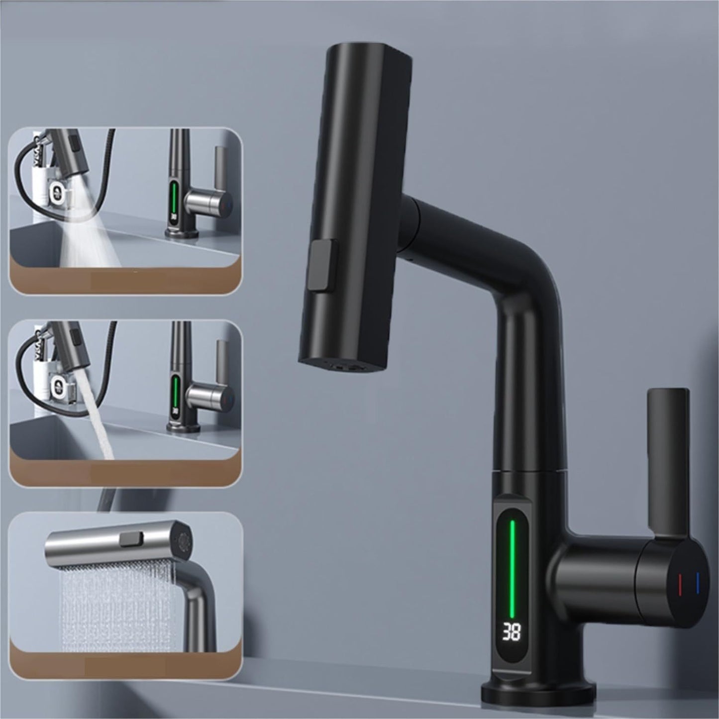 Intelligent Digital Display Faucet Pull-out Basin Faucet Temperature Digital Display Rotation