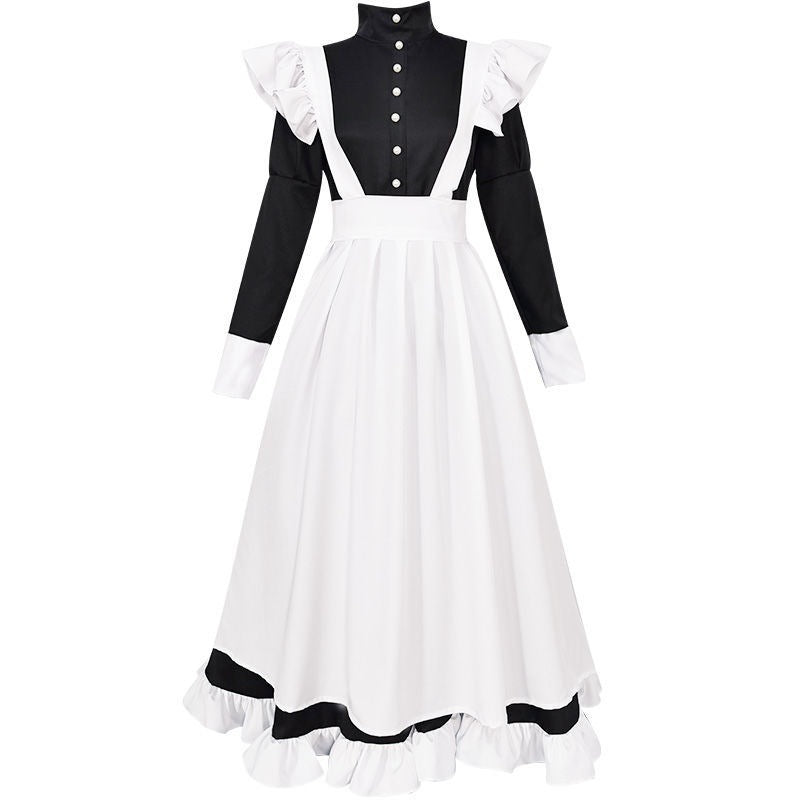 British Style Pearl Thread Long Cafe Maids Dress Cat Ear Uniform