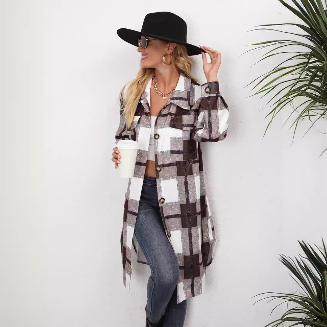 Women's Plaid Single-breasted Lapel Long-sleeved Coat