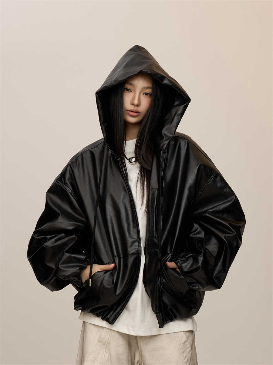 Women's Black Hooded Leather Coat