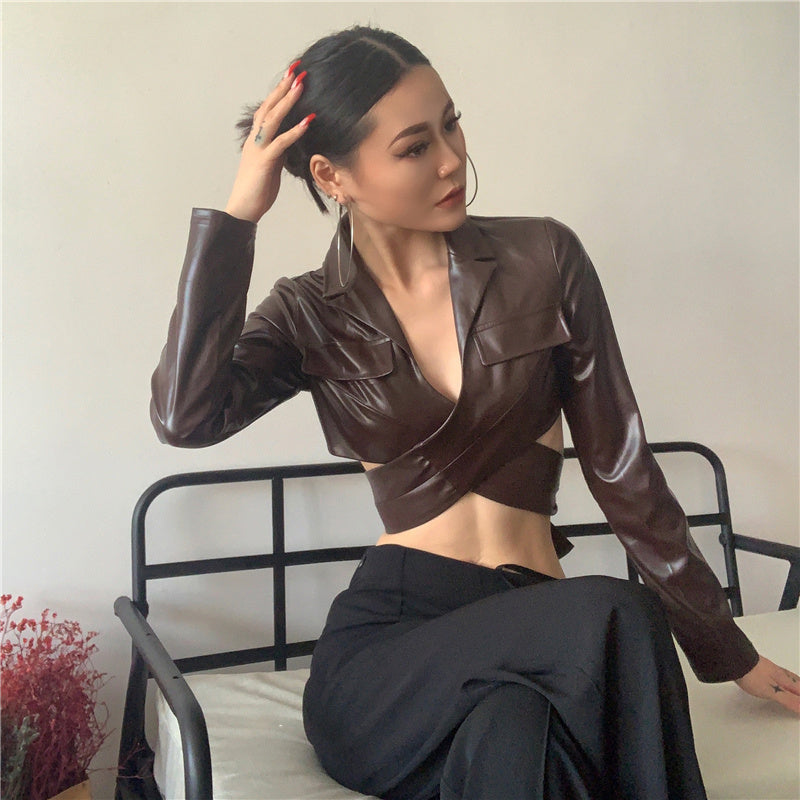 Cross StrapsWaist And ChestLong-sleeved Pu Leather Short Jacket Women