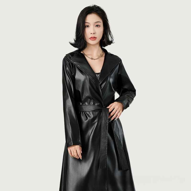 Extra Long Bathrobe Leather Wind Coat Women's Leather Jacket