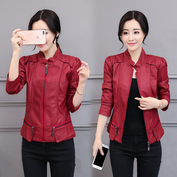 New Spring And Autumn Korean Style Motorcycle Stand-up Collar Slim Fit Slimming Leather Coat