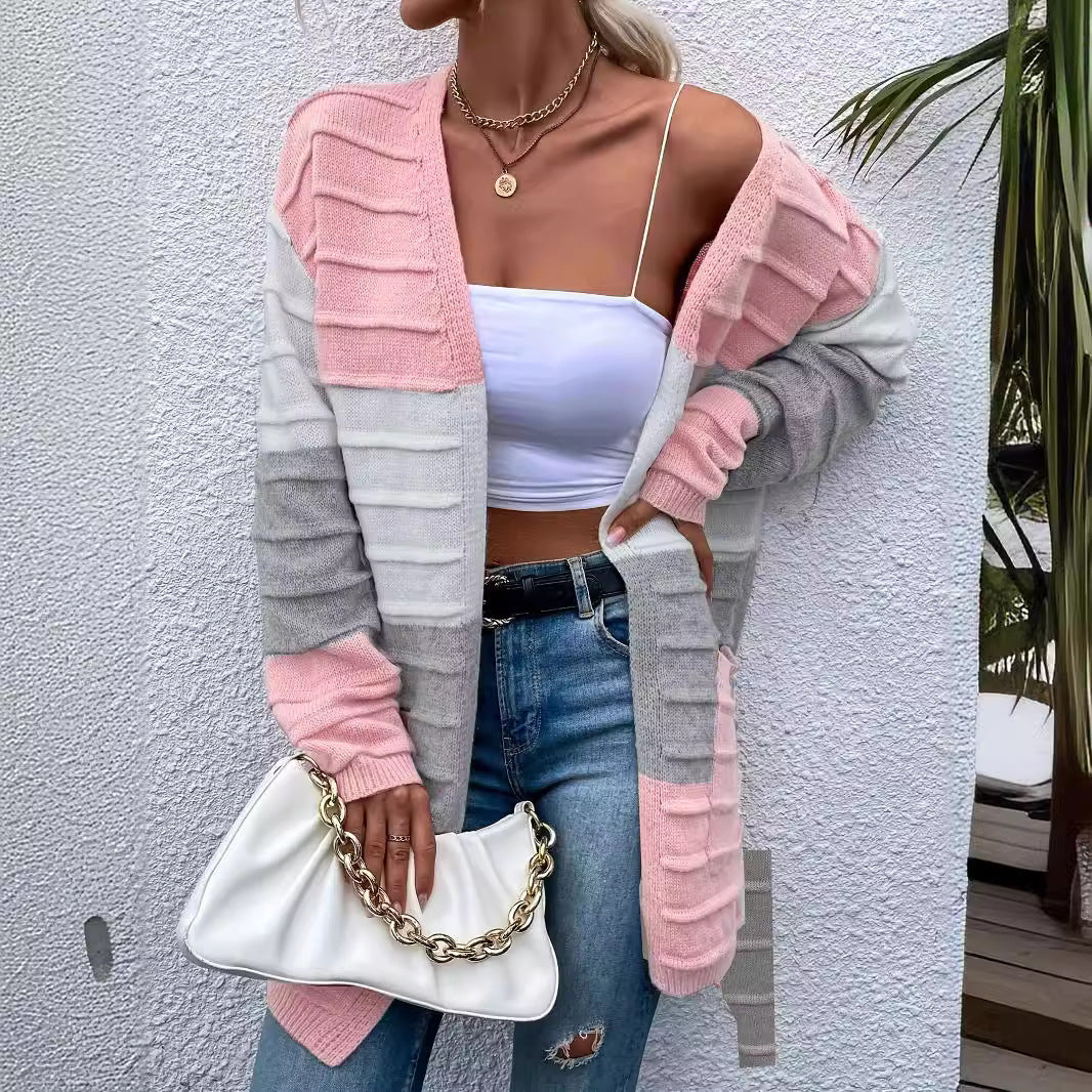 Amazon AliExpress Sweater Women's 2024 Fashion Jacket With Big Pockets Autumn And Winter Long Striped Color Matching Cardigan