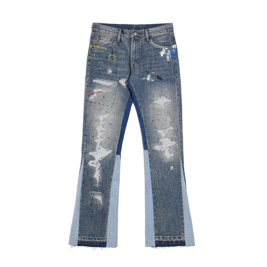 Whiskering Water Print Splattered Distressed Casual Jeans