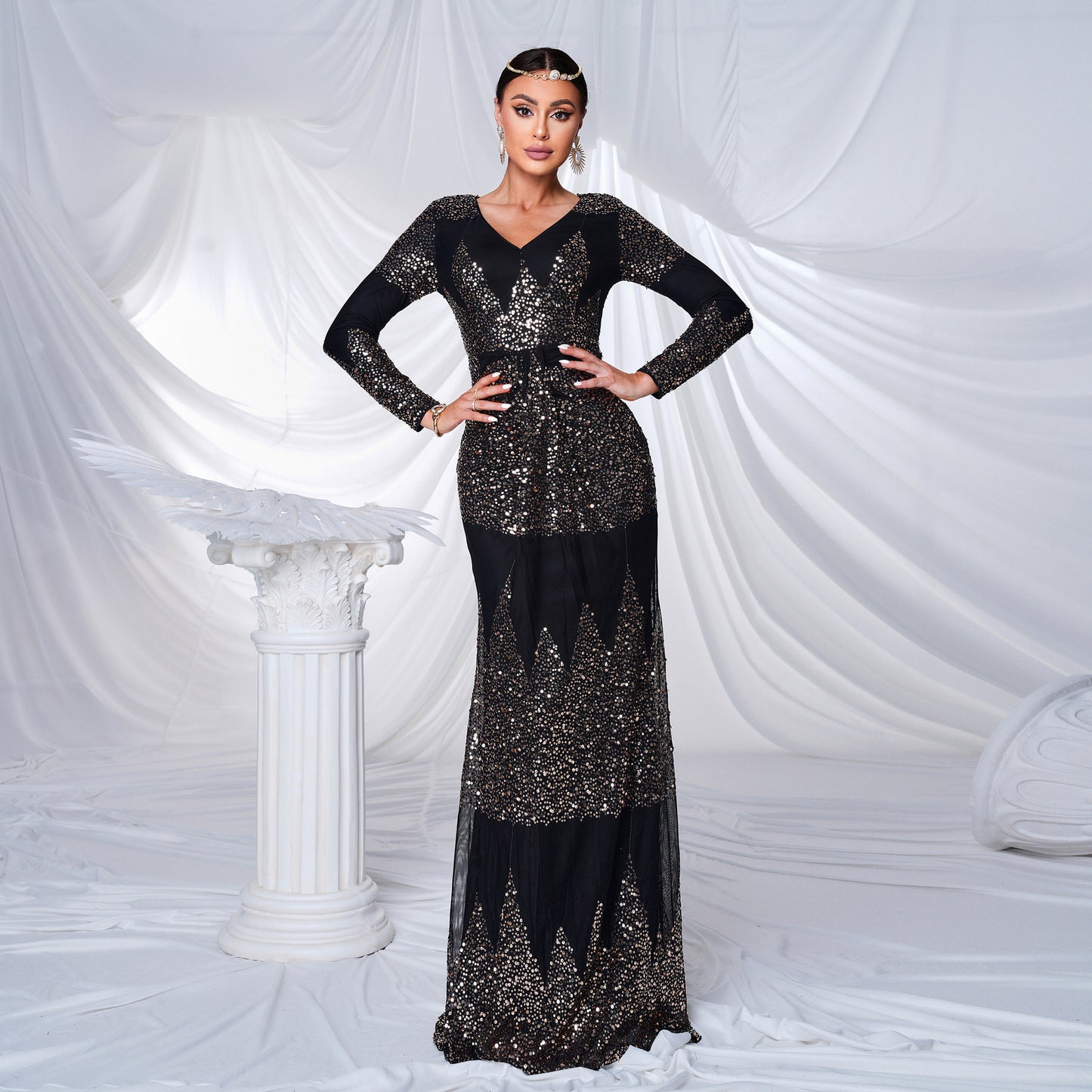 Long Sleeve V-neck Sexy Slim-fit Long Sequined Banquet Evening Dress