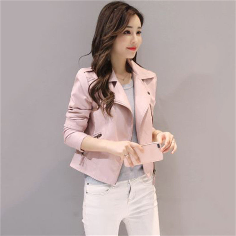 Women's short slim pink leather jacket