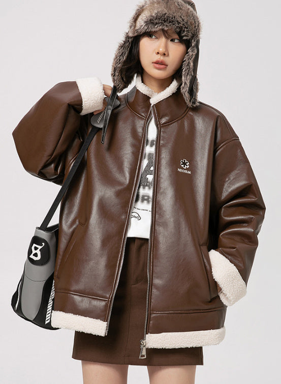 Lambswool PU Leather Thickened Warm Cotton Jacket