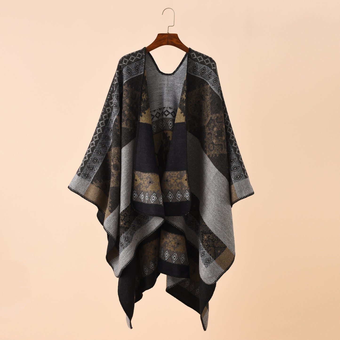 Double-sided Color Matching Plaid Cashmere-like Shawl Outer Match Cape Coat