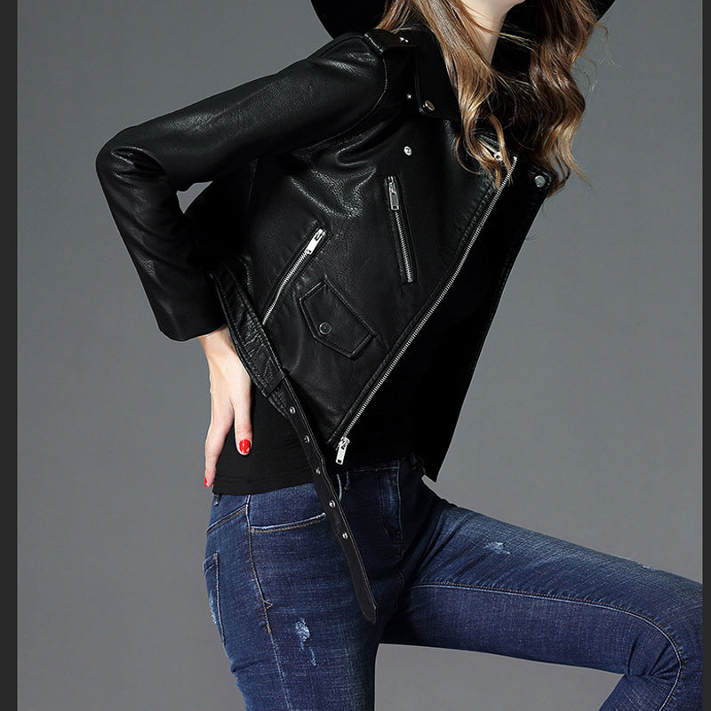 Women's Short Slim PU Leather Jacket