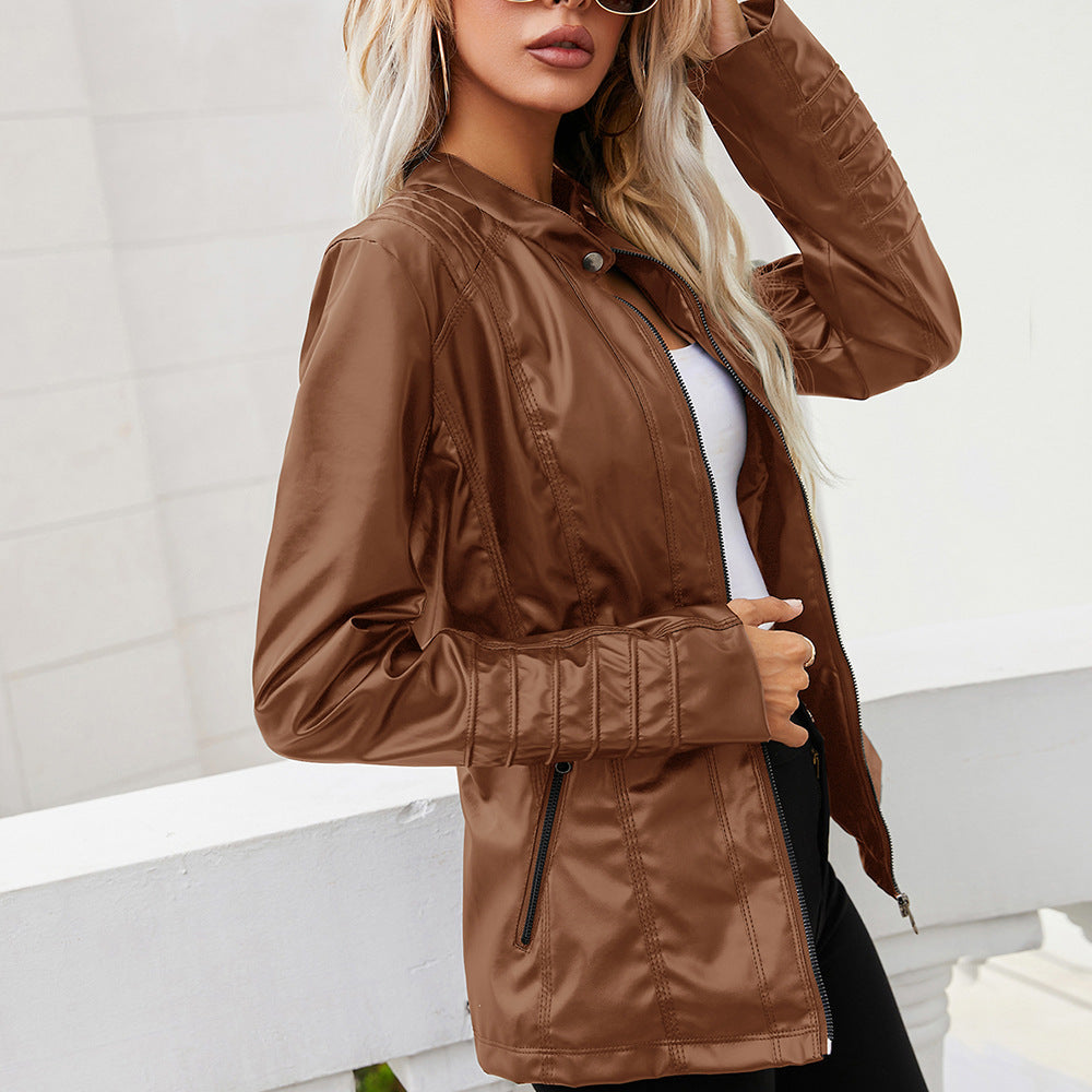 Stand-up Collar Zipper Long-sleeved Solid Color Women's Leather Jacket