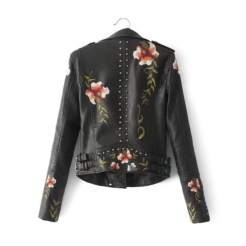 Fashion Rivet Flower Embroidered PU Leather Jacket